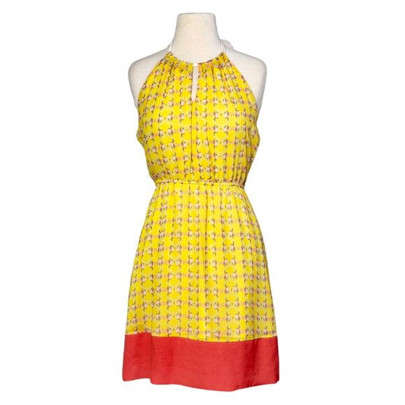Yellow Halter Dress Sheer Geometric Print Keyhole Neckline Coral Hem Lined Sz L - Picture 1 of 11